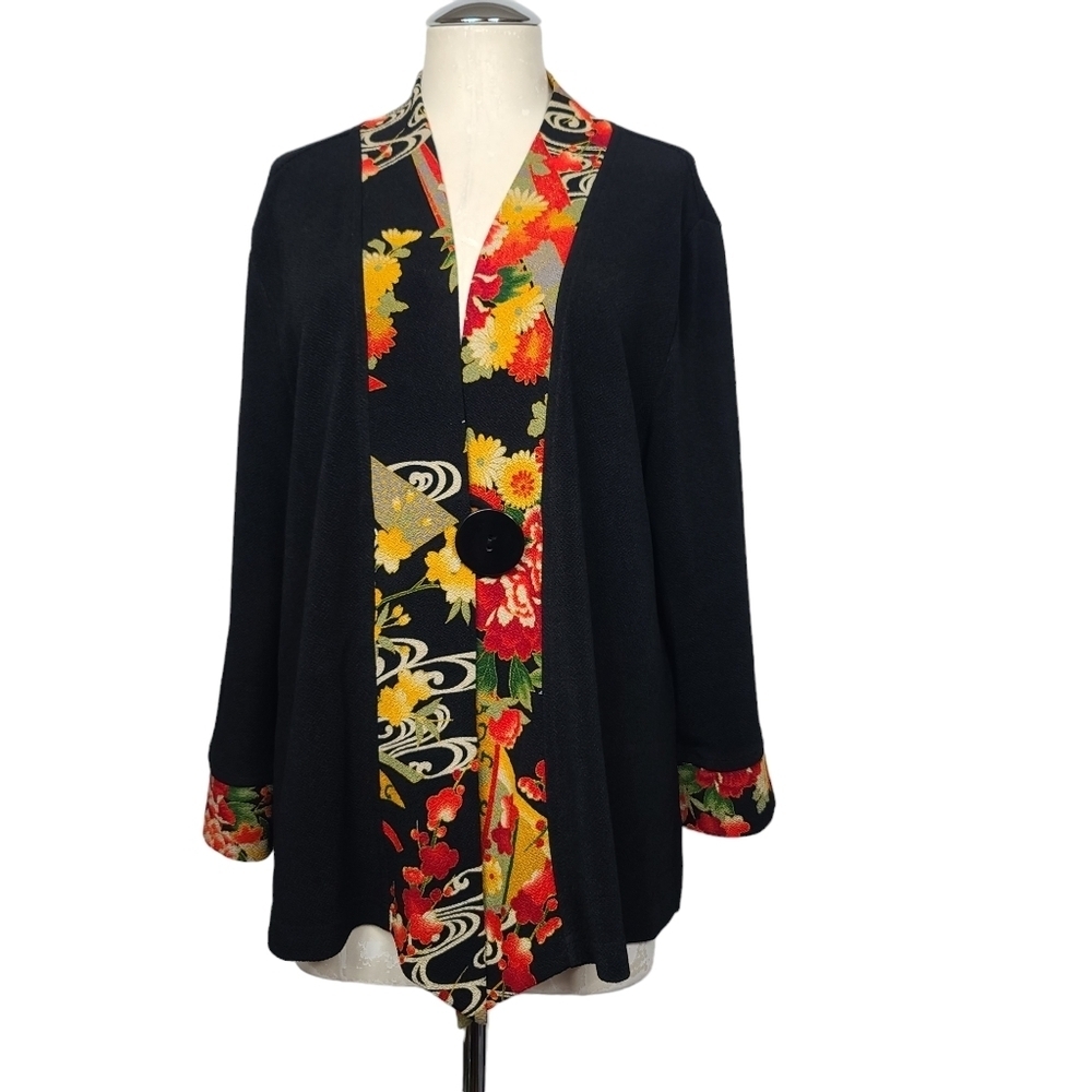 Soft Surroundings Black Red Yellow Floral Trim Button Closure Cardigan XL